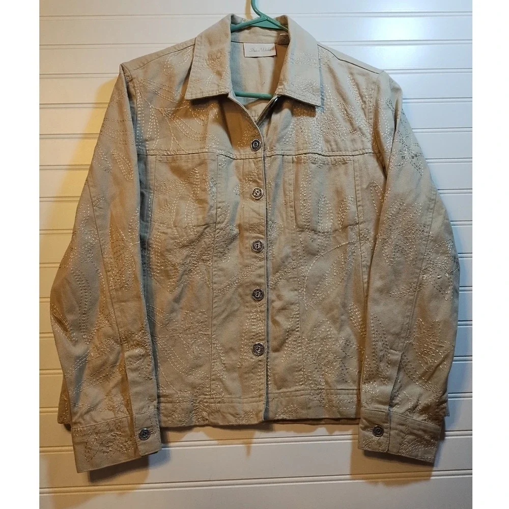 Studio Works Tan Cotton Embroidered Leaf Trucker‎ Jacket Beige Womens 8 Cottage